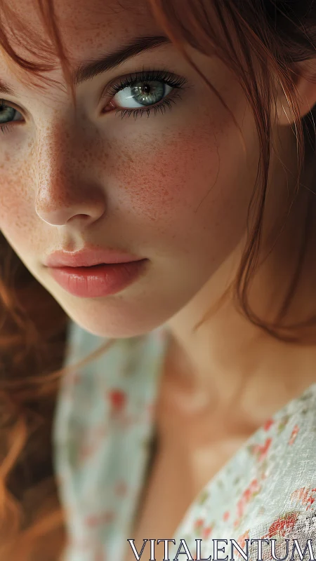 Photorealistic close-up portrait with freckled skin rendering.