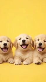 Three golden retriever puppies on bright yellow background.