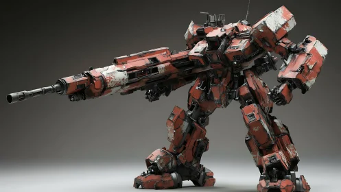 Heavy red combat mech with worn armor and large cannon.