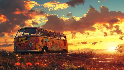 Psychedelic van at sunset rendered in high-saturation digital art