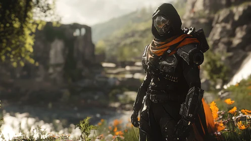 Hooded exosuit wanderer in sunlit wildflower ruins landscape.