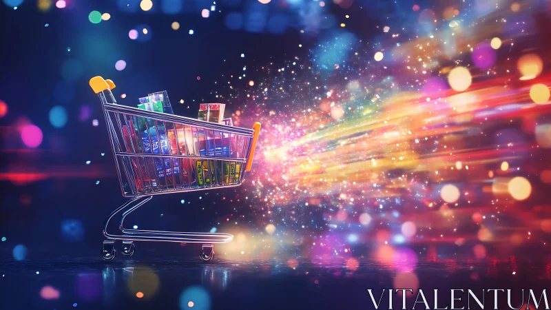 Shopping cart erupts with radiant digital commerce energy