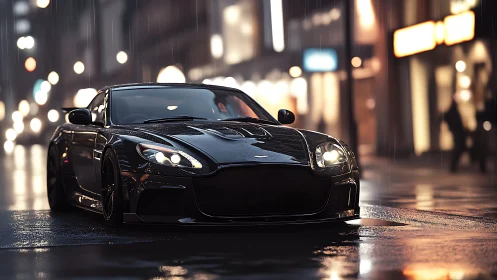Black sports car on wet city street at night in rain.