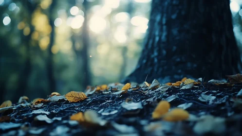 Forest Floor's Golden Whispers: Fallen Leaves Dance in Dappled Light.