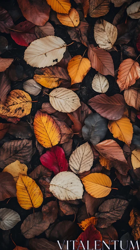 Overhead view documents layered multicolored fallen leaves