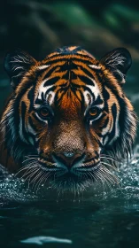 Tiger eyes lock on viewer as predator wades through water.