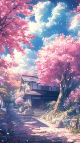 Traditional house on sakura-lined stone path at noon.