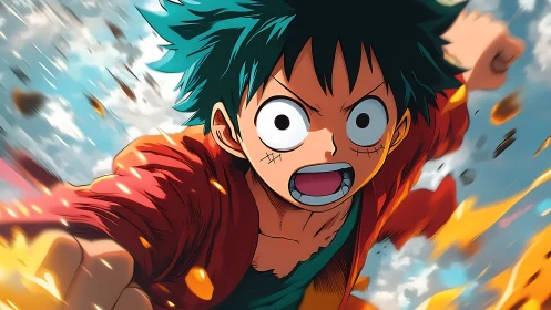 Dynamic anime hero in midair charge with fiery motion trails