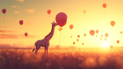 Sunset-tall giraffe gently tests the sky with red balloons