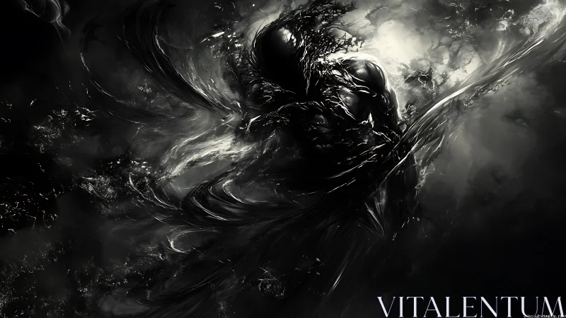 Monochrome amorphous entity dissolves into swirling digital void