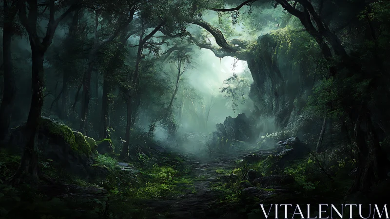 Enchanted Forest Path Glowing Through Ancient Trees