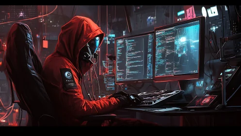 Midnight cybernetic hacker bends neon code through twin screens