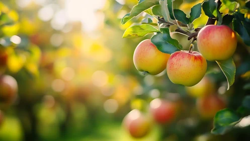 Ripe apples hang on sunlit orchard branch in soft focus