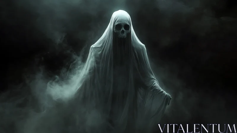 Hooded skeletal specter rendered in low key digital art.