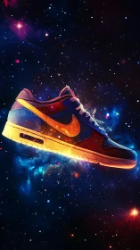 Sneaker product rendering against stylized cosmic background.