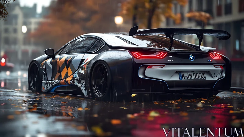 Rain soaked BMW sports car with vibrant geometric livery.