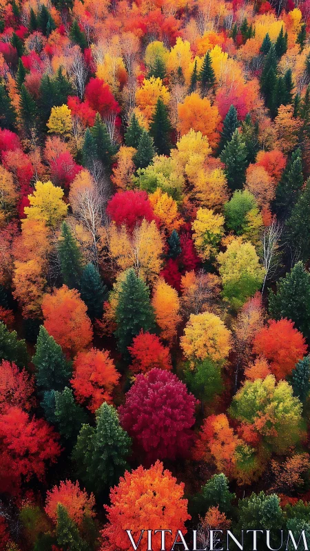 Dense mixed forest canopy with multicolored autumn foliage.