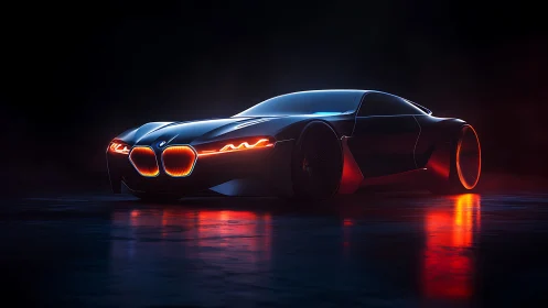 Futuristic BMW concept coupe with neon red lighting at night