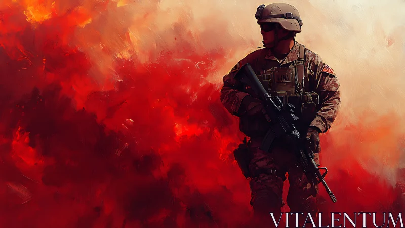Lone soldier walks through scarlet storm of painted fire.