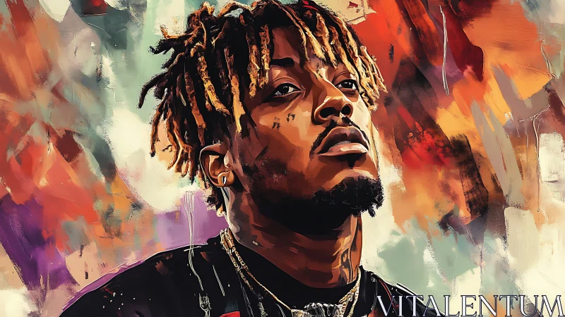 Expressive hip-hop portrait with fiery abstract color field.