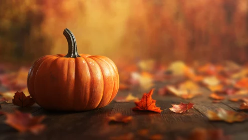 Autumn harvest pumpkin on rustic wood with glowing bokeh field.