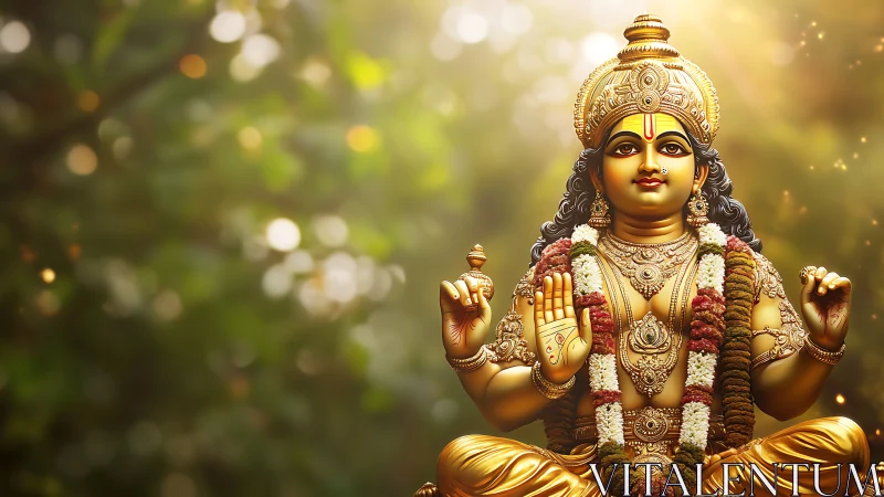 Golden deity rests in sunlit bokeh grove of gentle light