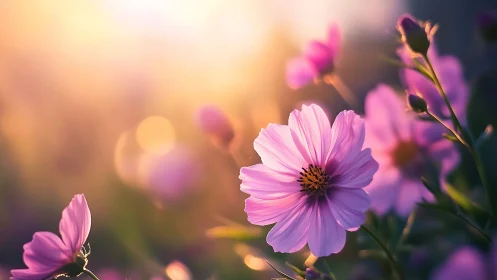 Pink cosmos dancing in golden hour glow.