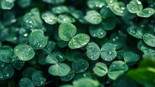 Clover leaves with water droplets in close ground coverage.