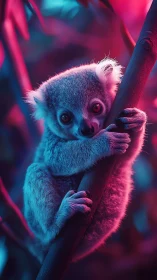 Neon koala portrait with bi-color rim lighting on branch.