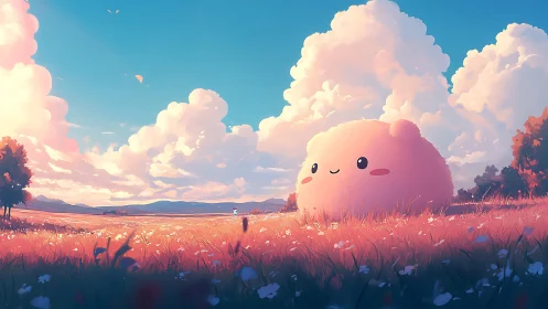 Gentle pink puff friend resting in a glowing sunset meadow.