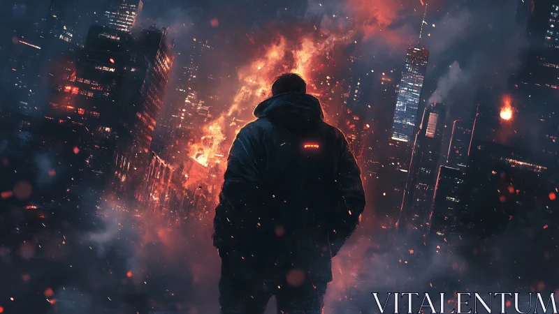 Lone figure observing incendiary cyberpunk city skyline.