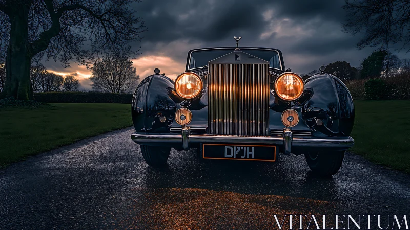 Classic Rolls-Royce front portrait under stormy dusk sky.
