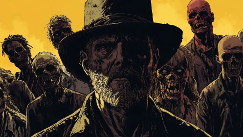 Grizzled survivor leading decayed zombies under ochre sky