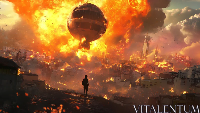 Spherical war machine detonates over burning high-density cityscape