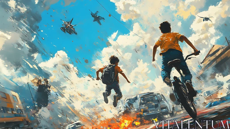 Two brave kids race skyward through a city under attack