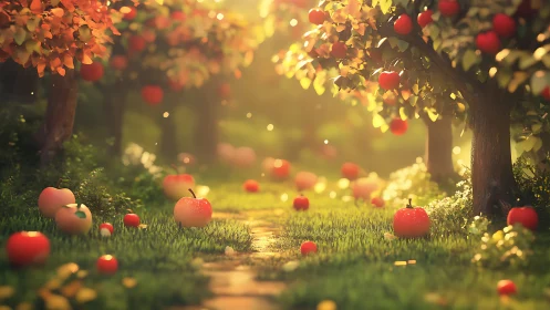Sunlit apples tumble through a miniature dream orchard