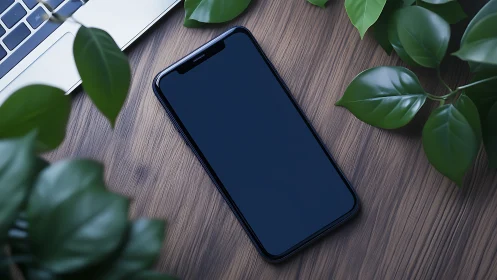 Smartphone lies on wooden desk beside laptop and leaves