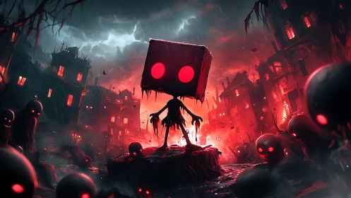 Box-headed entity dominates infernal red drenched ruin.