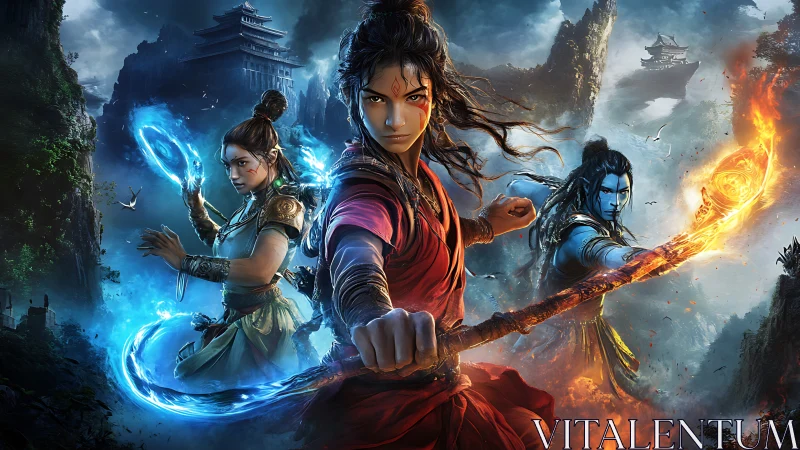 Elemental warriors channel fire and water in a mountain duel