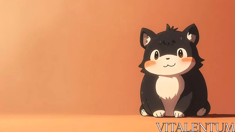 Chibi black and white cat character on minimal warm backdrop.