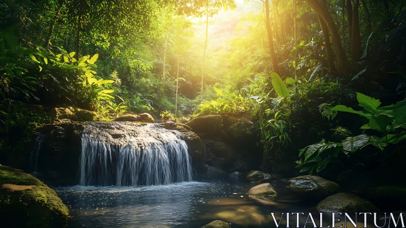 Waterfall cascade illuminated by golden forest canopy light.
