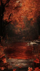 Crimson autumn pond wrapped in a quiet forest glow.