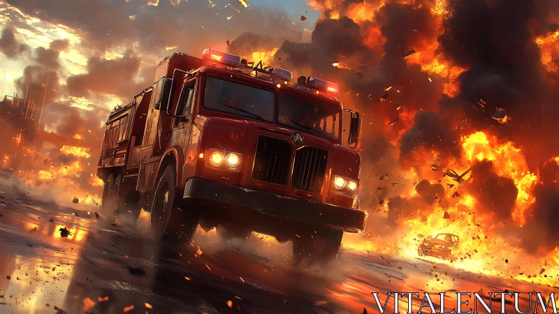 Fire truck navigating intense structural fire scene.