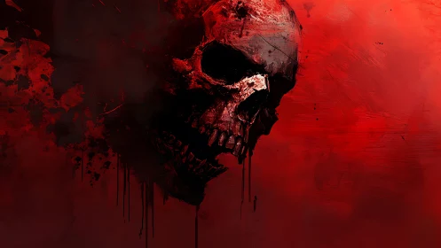 Blood-splattered skull emerges from shadow on vivid red field