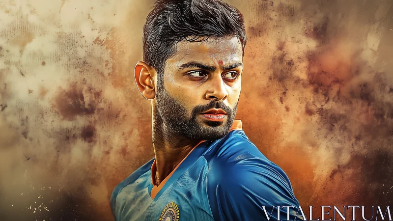 Storm-eyed cricketer slices through swirling bronze clouds