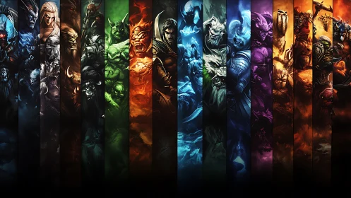 Elemental champions carved in vertical shards of battlefire.