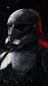 Armored sentinel in scarlet-slashed galactic darkness.