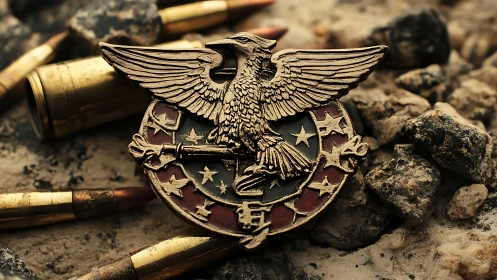 Military eagle insignia rests on spent brass in desert grit.