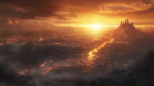 Sunlit lava kingdom glowing over a vast fiery valley.