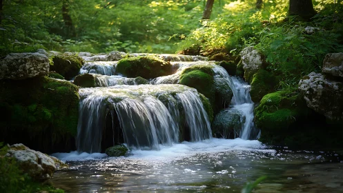 Layered forest cascade with mossy limestone and long‑exposed flow